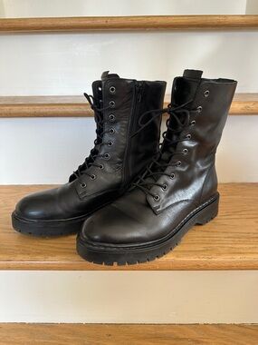 GEOX BLEYZE Black Leather Lace-Up Combat Boots